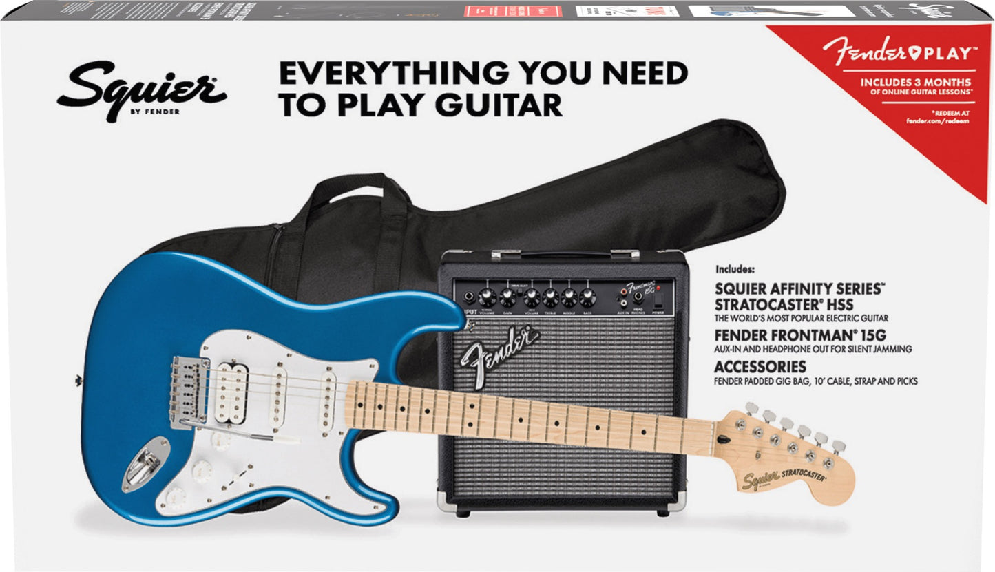 Squier Affinity Series Stratocaster HSS, Maple Fingerboard Electric guitar Pack in Lake Placid Blue
