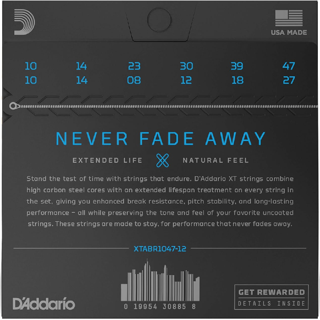 D'Addario12 XT 80/20 Bronze 12 string Acoustic Guitar Strings 10-47 Gauge