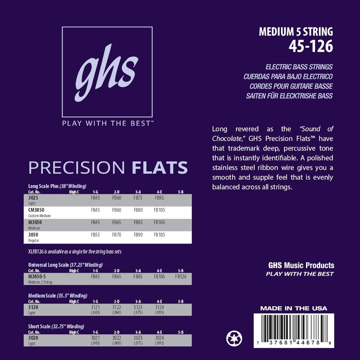 GHS M3050-5 Bass Precision Flats Bass Guitar Strings 45-126 Gauge