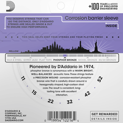 D'Addario EJ26 Phosphor Bronze Acoustic Guitar Strings Custom Light 11-52 Gauge