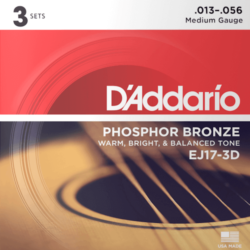 D'Addario EJ17 3D Phosphor Bronze 3 Sets Acoustic Guitar Strings Medium 13-56 Gauge