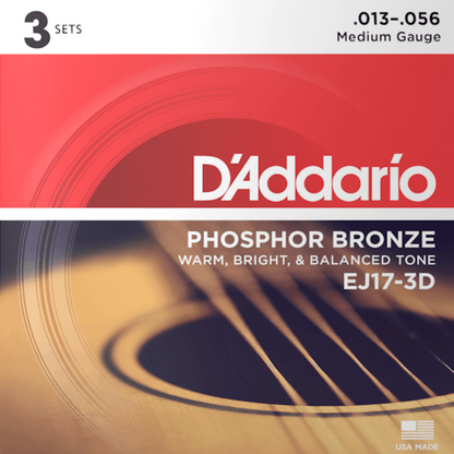 D'Addario EJ17 3D Phosphor Bronze 3 Sets Acoustic Guitar Strings Medium 13-56 Gauge