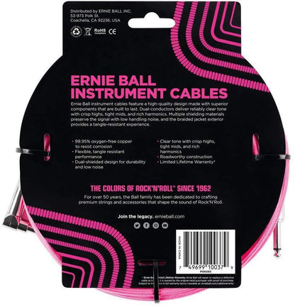 Ernie Ball Braided Straight to Angle Instrument Cable 18 foot in Neon Pink