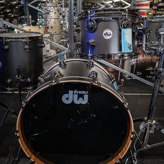 DW Collectors Maple / Mahogany 4-Piece Shell Pack  (12TT/14FT/16FT/22K) in Super Intense Ebony Satin Oil w/Black Nickel Hardware