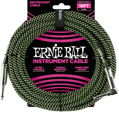 Ernie Ball 18' Braided Straight to Angled Instrument Cable in Black & Green