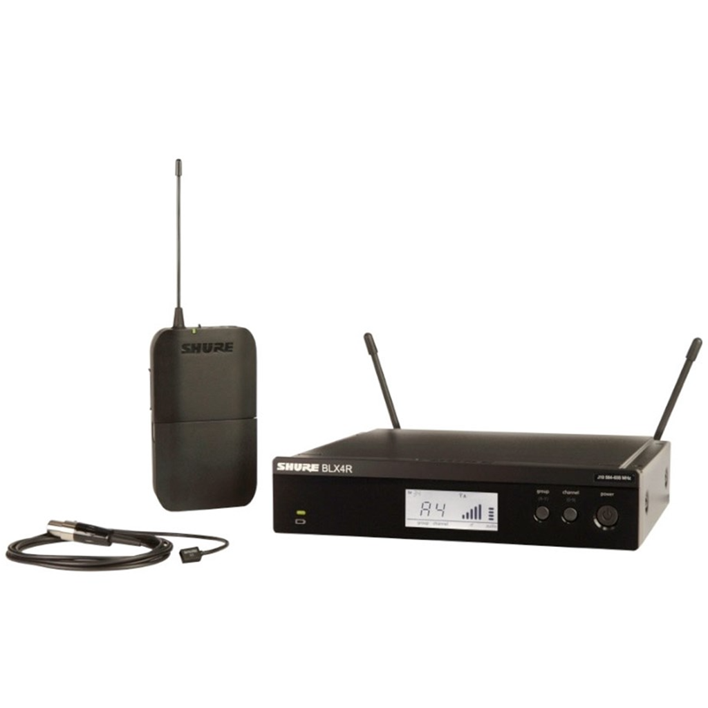 Shure Wireless 1/2R Lavalier System BLX1 Tx; WL93 Mic; BLX4R Rx Auto Setup 662-686MHz