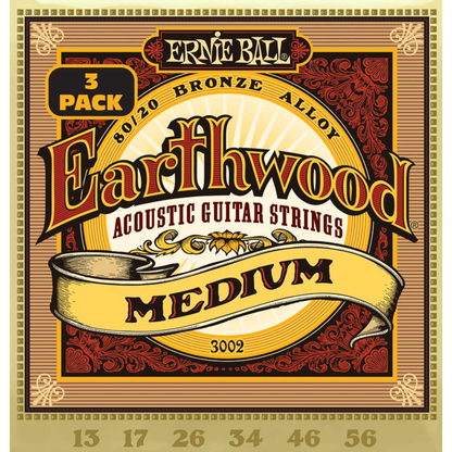 Ernie Ball Earthwood Medium 80/20 Bronze Acoustic Guitar Strings 3 Pk 13-56 Gauge