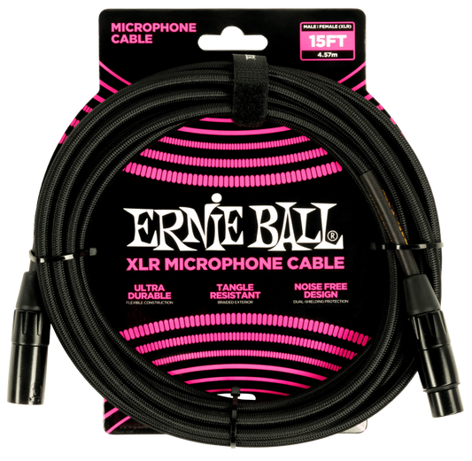 Ernie Ball 15ft Braided Male Female XLR Microphone Cable in Black
