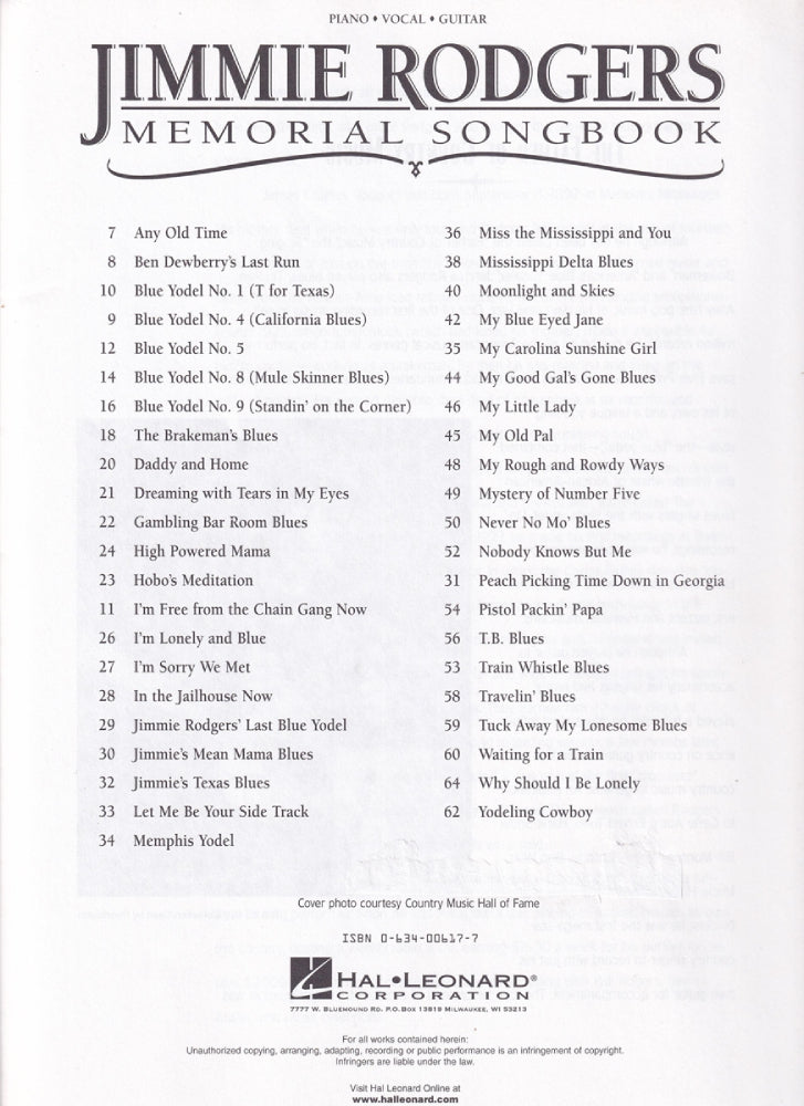 Jimmie Rodgers Memorial Songbook Fakebook PVG