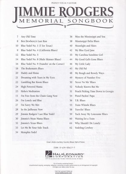 Jimmie Rodgers Memorial Songbook Fakebook PVG