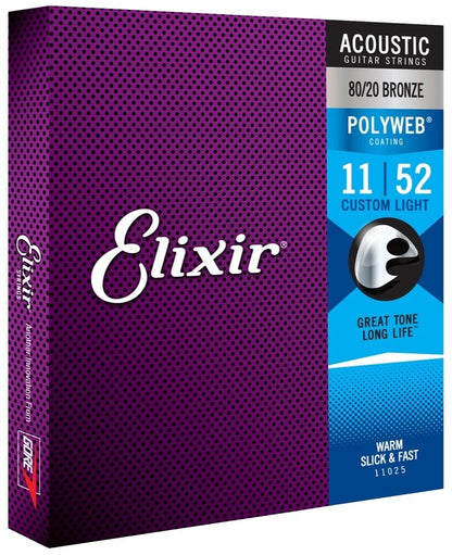 Elixir 11025 Polyweb 80/20 Bronze Acoustic Guitar Strings Custom Light 11-52 Gauge