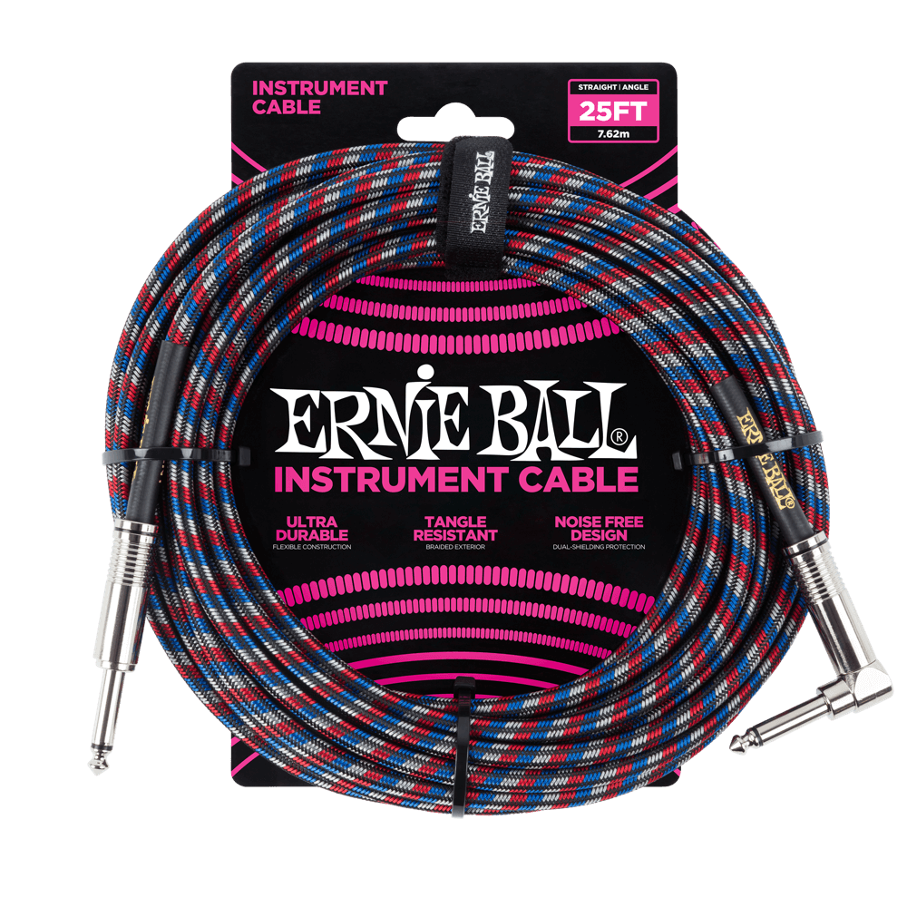 Ernie Ball P06063 Braided Straight to Right Angle Instrument Cable 25 foot in Black Red Blue White
