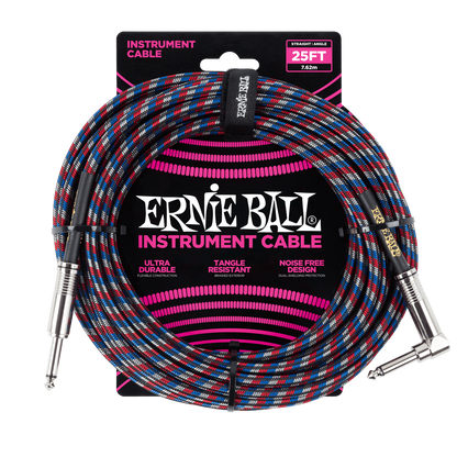 Ernie Ball P06063 Braided Straight to Right Angle Instrument Cable 25 foot in Black Red Blue White