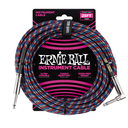 Ernie Ball P06063 Braided Straight to Right Angle Instrument Cable 25 foot in Black Red Blue White