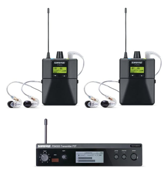 Shure PSM300 Twin Wireless System 584-608 MHZ includes 2X P3RA Bodypacks & 2X SE215-CL