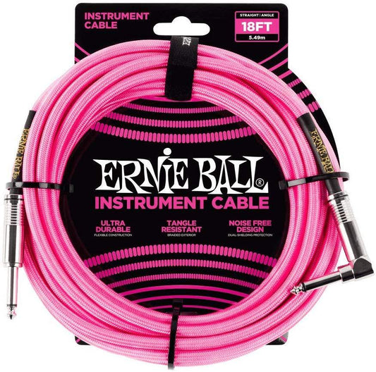 Ernie Ball Braided Straight to Angle Instrument Cable 18 foot in Neon Pink