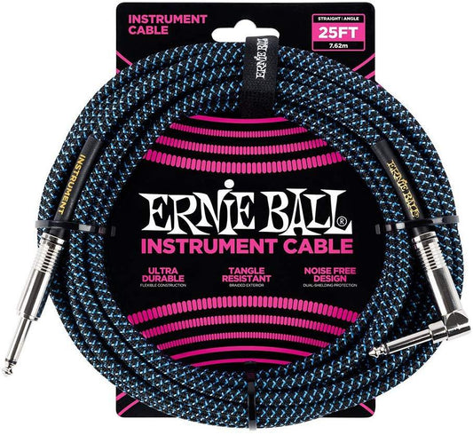 Ernie Ball P06060 Braided Straight to Right Angle Instrument Cable 25 ft in Neon Blue & Black