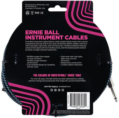 Ernie Ball P06060 Braided Straight to Right Angle Instrument Cable 25 ft in Neon Blue & Black