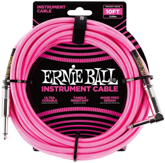 Ernie Ball Braided Straight to Angle Instrument Cable 10 foot in Neon Pink