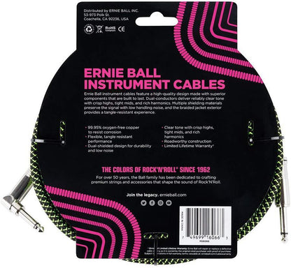 Ernie Ball Braided Straight to Angle Instrument Cable 25 foot in Neon Green Black
