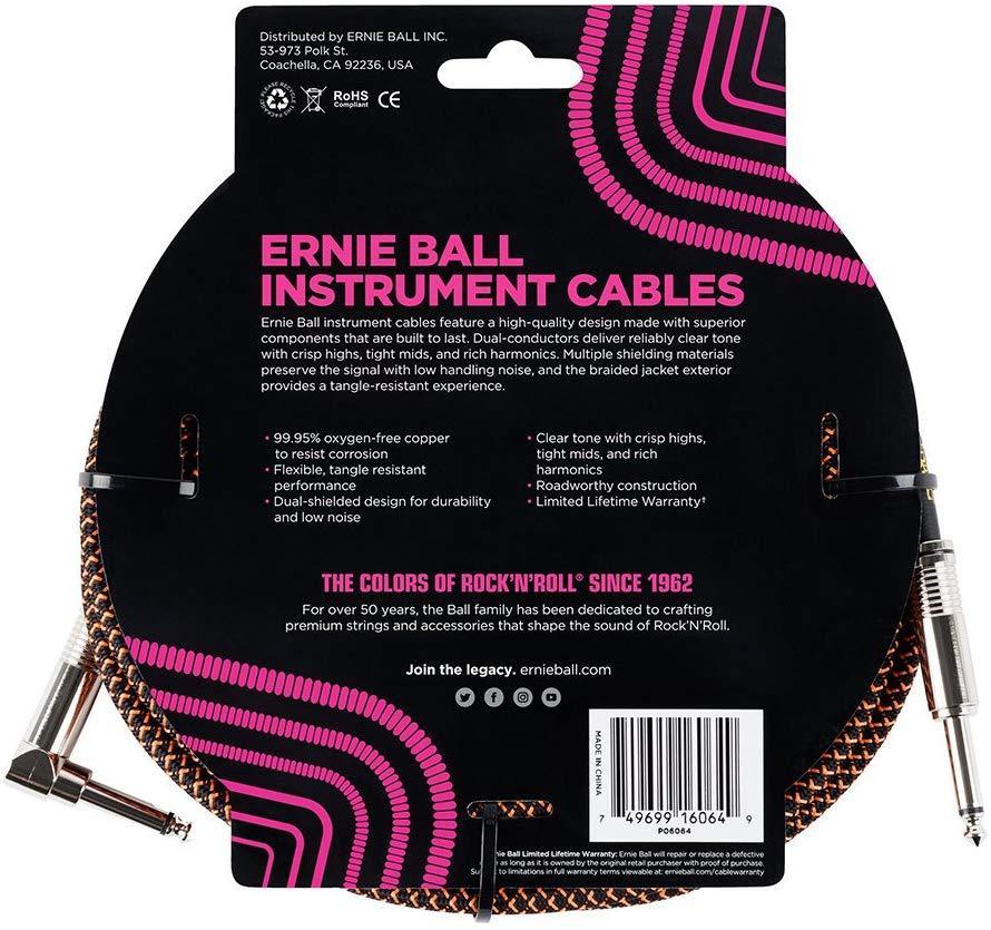 Ernie Ball P06064 Braided Straight to Right Angle Instrument Cable 25 ft in Orange & Black