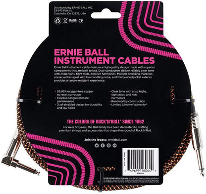 Ernie Ball P06064 Braided Straight to Right Angle Instrument Cable 25 ft in Orange & Black