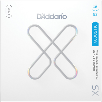 D'Addario XS 80/20 Bronze Regular Light Coated Acoustic Guitar Strings 3 Pack 12-53 Gauge