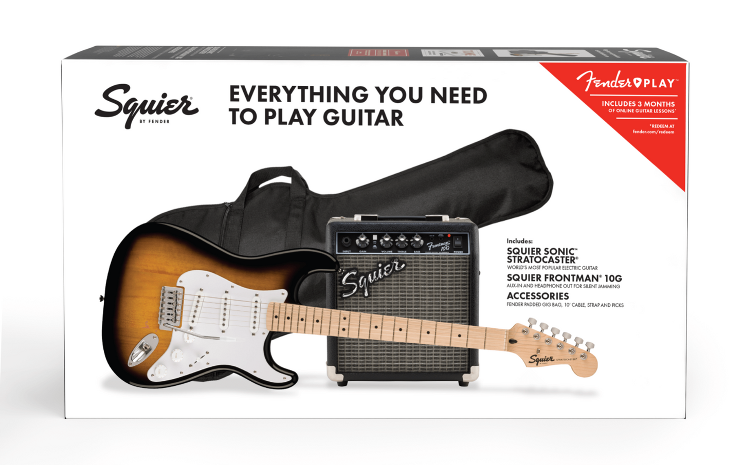 Squier Sonic Stratocaster, Maple Fingerboard Electric Guitar Pack in 2 Color Sunburst