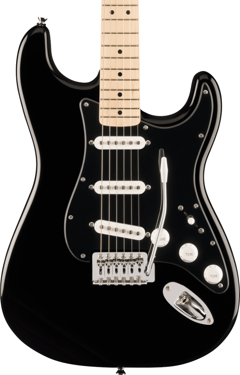 Squier FSR Squier Sonic Stratocaster, Maple Fingerboard, Black Pickguard in White Plastic Parts, Black