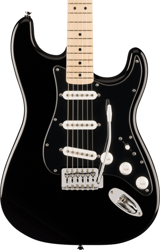 Squier FSR Squier Sonic Stratocaster, Maple Fingerboard, Black Pickguard in White Plastic Parts, Black