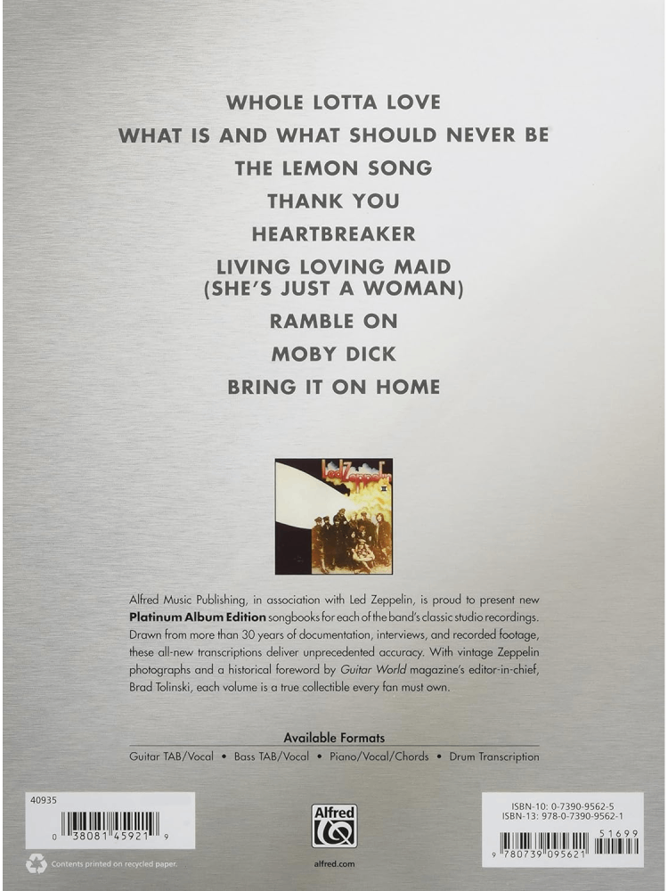 Led Zeppelin II Authentic Bass TAB Alfred's Platinum Album Editions