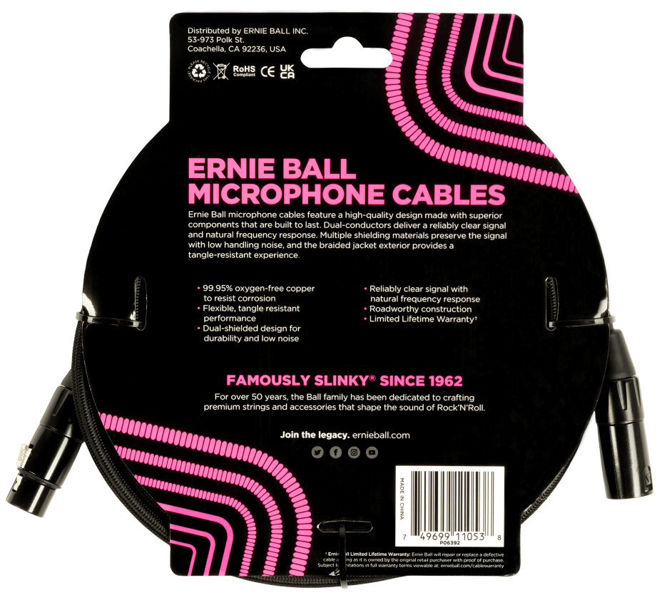 Ernie Ball 20ft Braided Male Female XLR Microphone Cable in Black