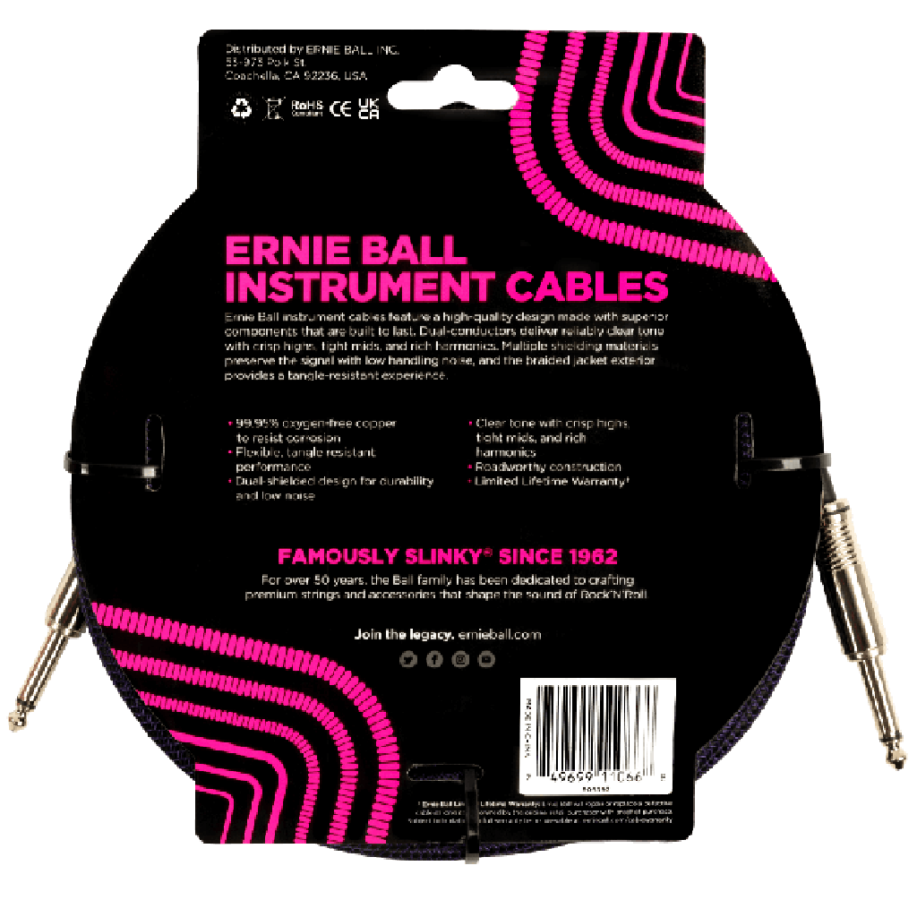 Ernie Ball 25ft Braided Straight to Straight Instrument Cable in Purple Black