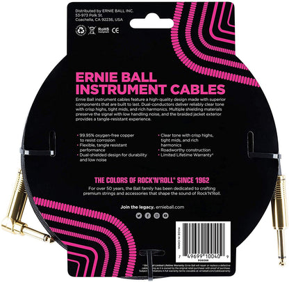 Ernie Ball Braided Straight to Angle Instrument Cable 18 foot in Black Gold Tips