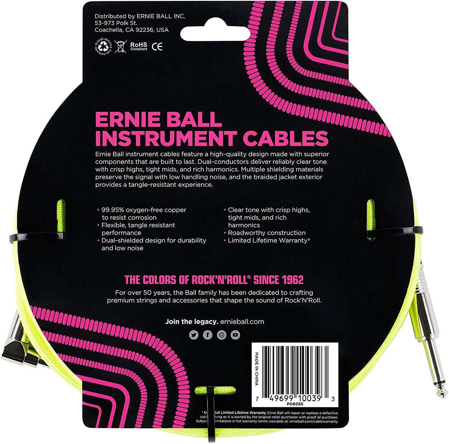 Ernie Ball Braided Straight to Angle Instrument Cable 18 foot in Neon Yellow