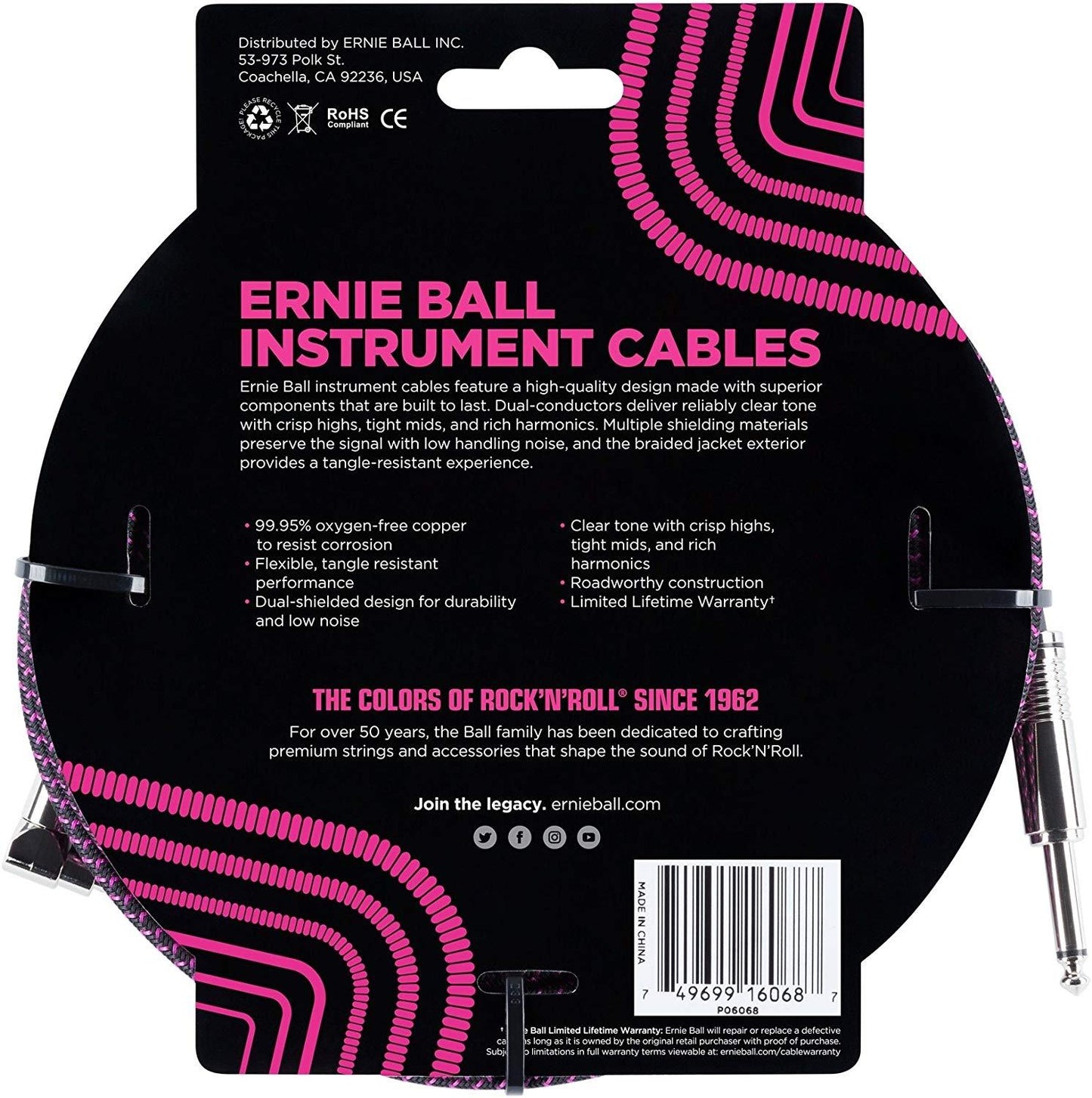 Ernie Ball Braided Straight to Angle Instrument Cable 25 foot in Black Purple