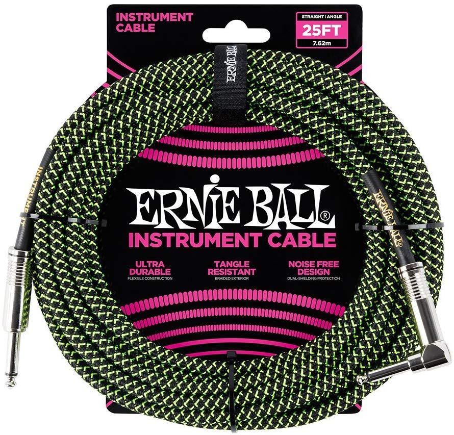 Ernie Ball Braided Straight to Angle Instrument Cable 25 foot in Neon Green Black