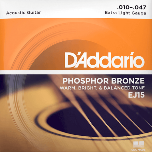 D'Addario EJ15 Phosphor Bronze Acoustic Guitar Strings Extra Light 10-47 Gauge