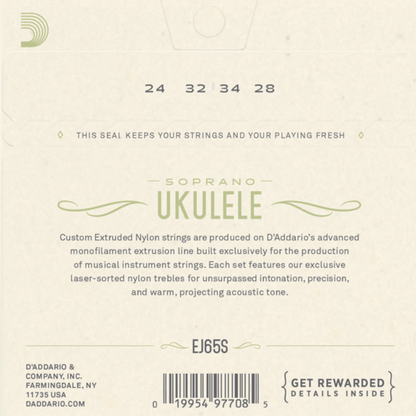 D'Addario EJ65S Pro Arte Custom Extruded Nylon Ukulele Strings Soprano