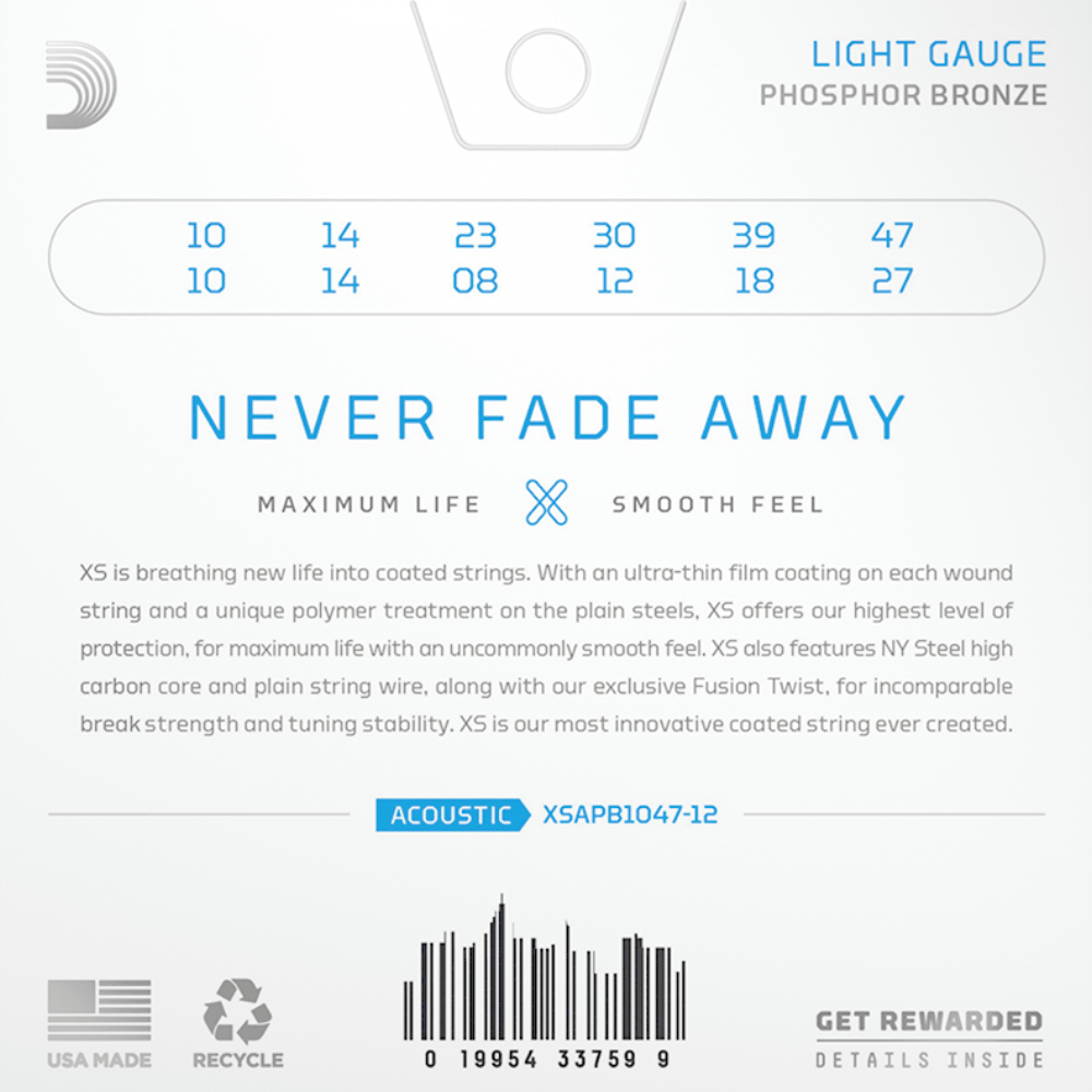 DAddario XS Coated 12 String Phosphor Bronze Acoustic Guitar Strings 10-47 Light Gauge