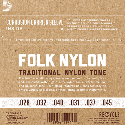 D'Addario EJ32C Folk Nylon Normal Tension Ball End Classical Guitar Strings