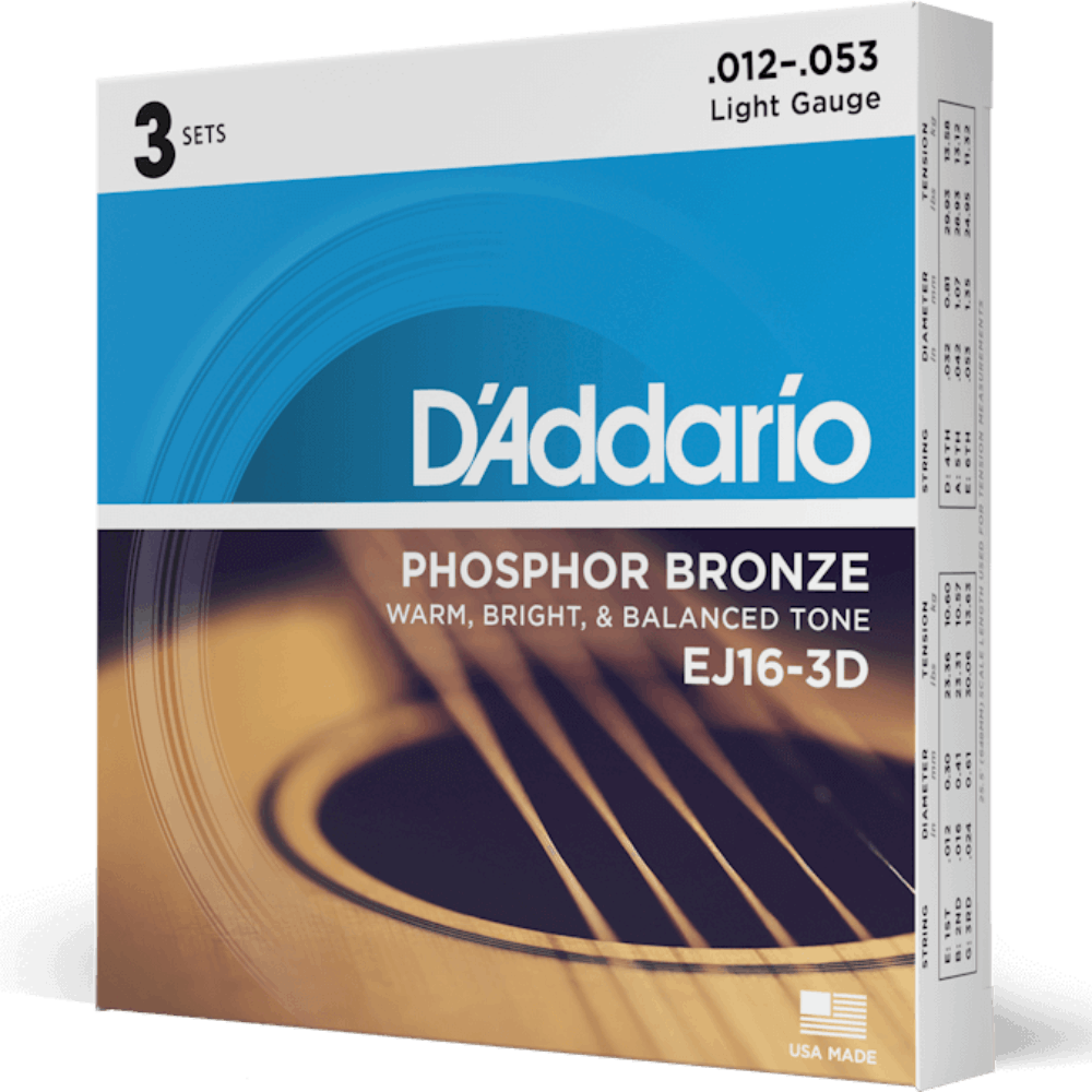D'Addario EJ16 3D Phosphor Bronze 3 Sets Acoustic Guitar Strings Light 12-53 Gauge