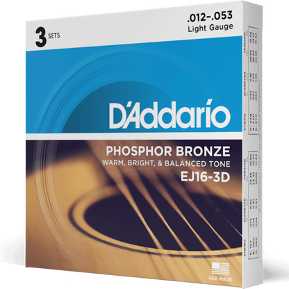 D'Addario EJ16 3D Phosphor Bronze 3 Sets Acoustic Guitar Strings Light 12-53 Gauge