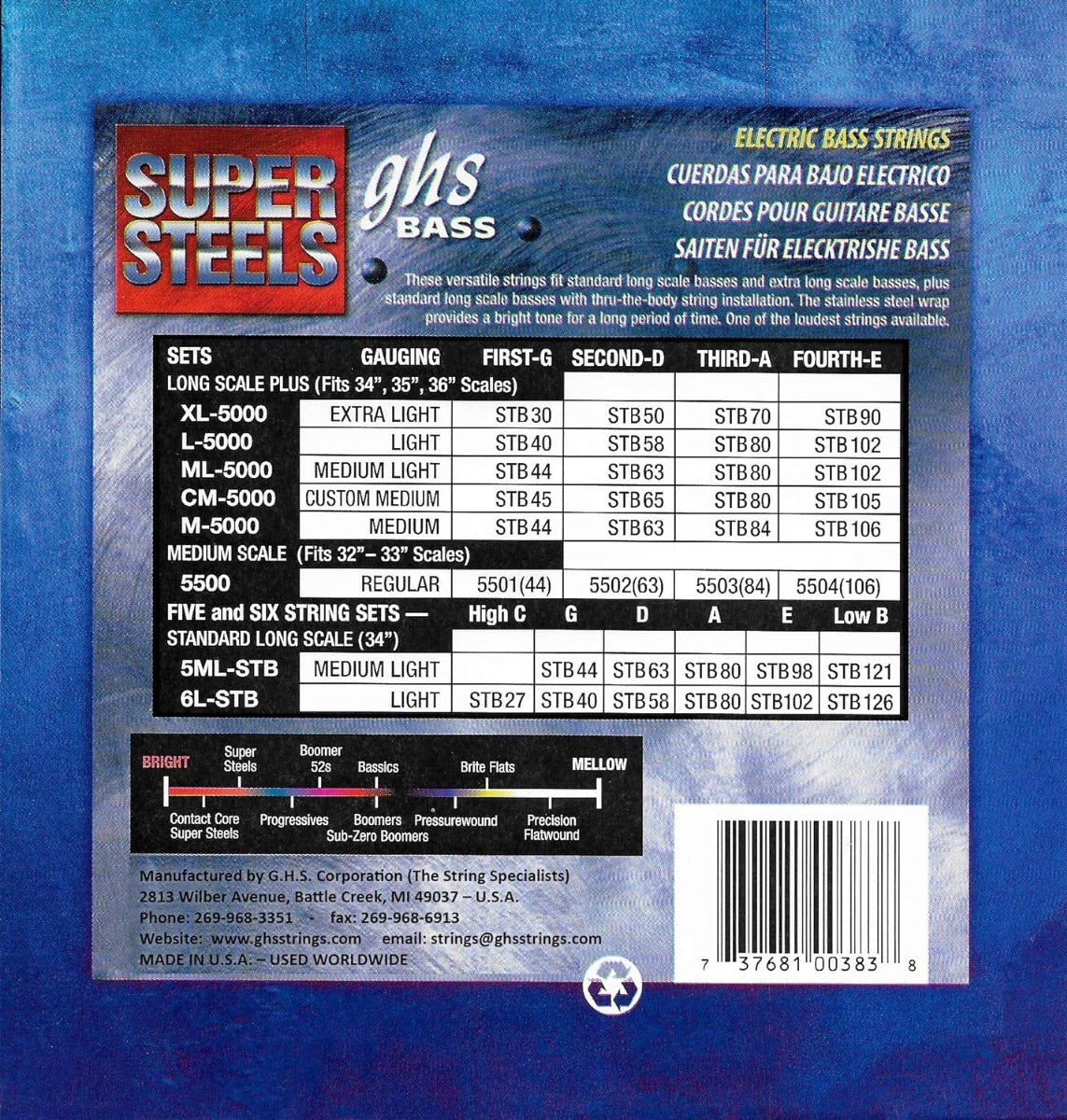 GHS 5ML STB Super Steels Bass Guitar Strings 44-121 Gauge