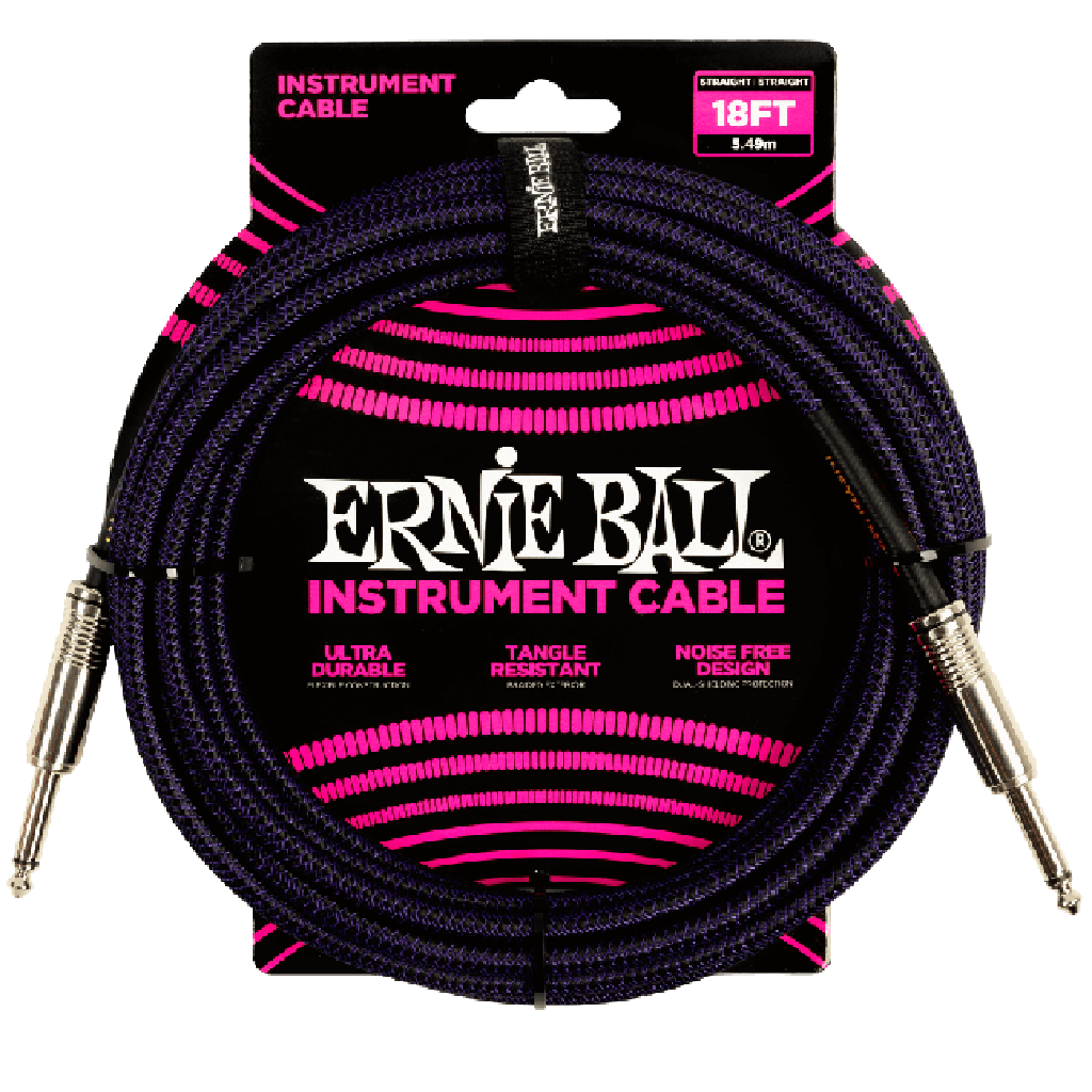 Ernie Ball 18ft Braided Straight to Straight Instrument Cable in Purple Black