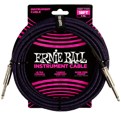 Ernie Ball 18ft Braided Straight to Straight Instrument Cable in Purple Black