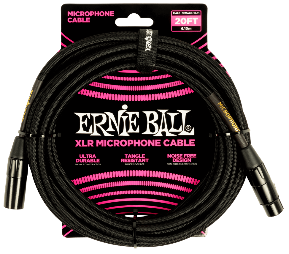 Ernie Ball 20ft Braided Male Female XLR Microphone Cable in Black