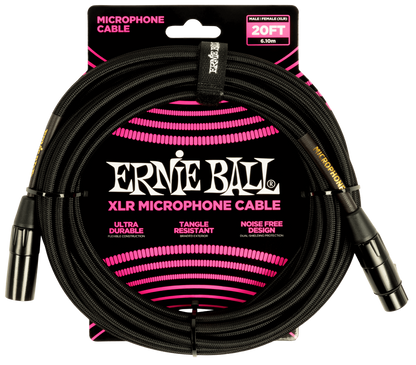 Ernie Ball 20ft Braided Male Female XLR Microphone Cable in Black