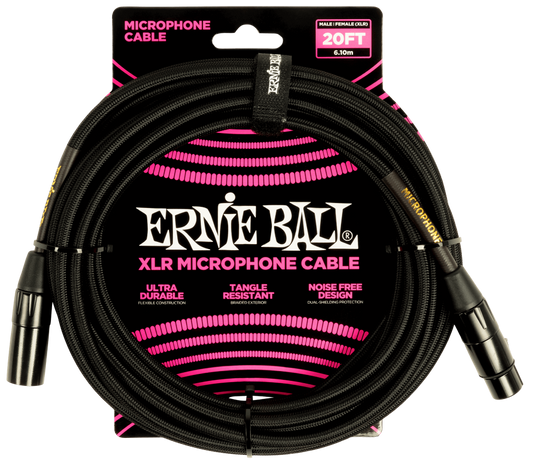 Ernie Ball 20ft Braided Male Female XLR Microphone Cable in Black