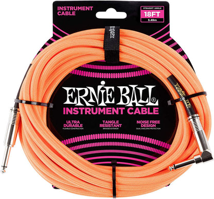 Ernie Ball Braided Straight to Angle Instrument Cable 18 foot in Neon Orange
